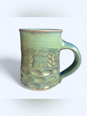 Signed Handmade Green Pottery Mug Leaf Motif Artisan Ceramic Coffee Cup